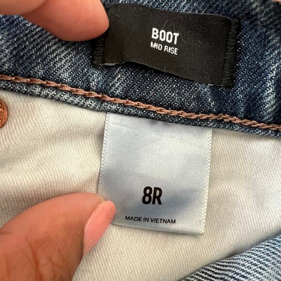 Express Medium Wash Rigid Denim Mid Rise Baggy Bootcut Jeans Womens 8 - Picture 9 of 14